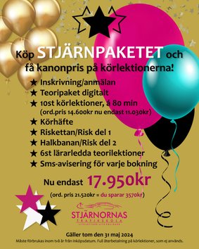 Erbjudande STARTPAKET Falkenberg - paket pris  B-körkortioner B-körkort hos Stjärnornas Trafikskola 